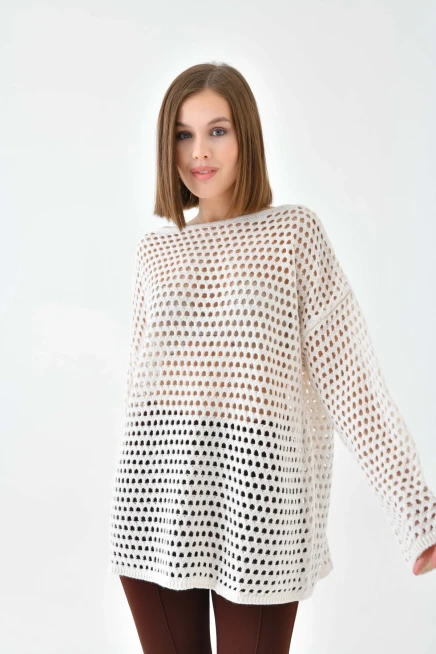 Kadın Kayık Yaka Örgü Detay Oversize Triko Kazak