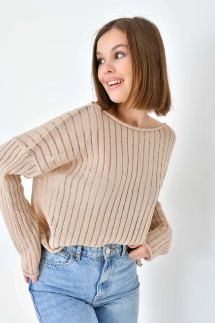 Kadın Kayık Yaka Örgü Detay Salaş Triko Kazak
