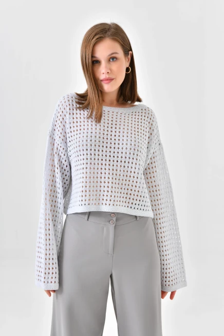 Kadın Kayık Yaka Örgü Detay Simli Crop Triko Kazak