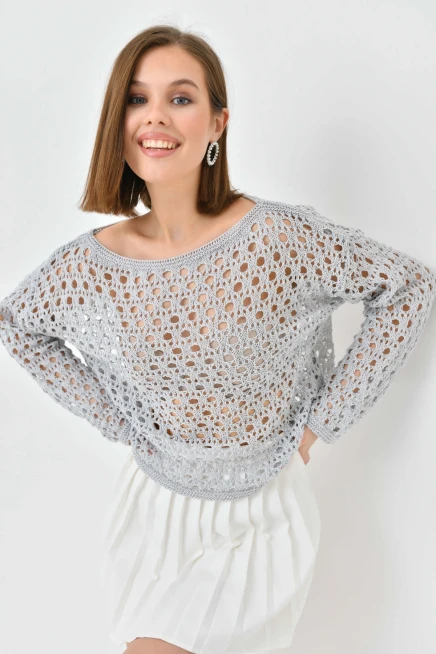 Kadın Kayık Yaka Örgü Detay Triko Kazak