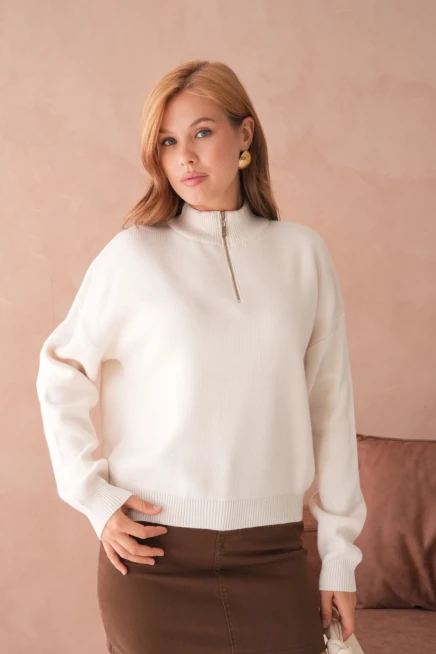 Kadın Taş Oversize Fermuarlı Basic Triko Kazak