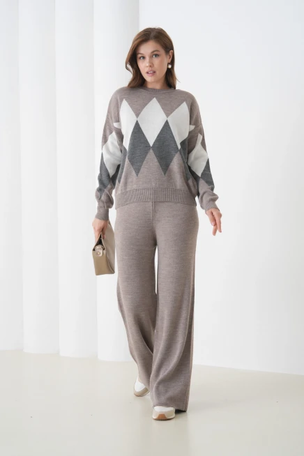 Kadın Vizon Bisiklet Yaka Baklava Desenli Kazak Pantolon Triko Alt-Üst Takım