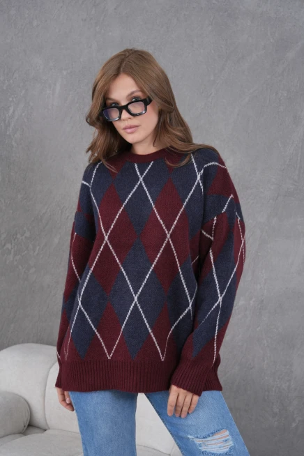 Kadın Bisiklet Yaka Baklava Desenli Yumuşak Dokulu Salaş Triko Kazak