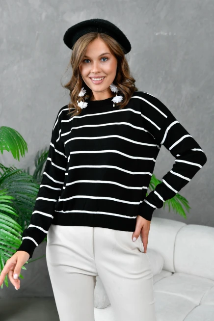 Kadın Bisiklet Yaka Çizgili Triko Kazak 214248