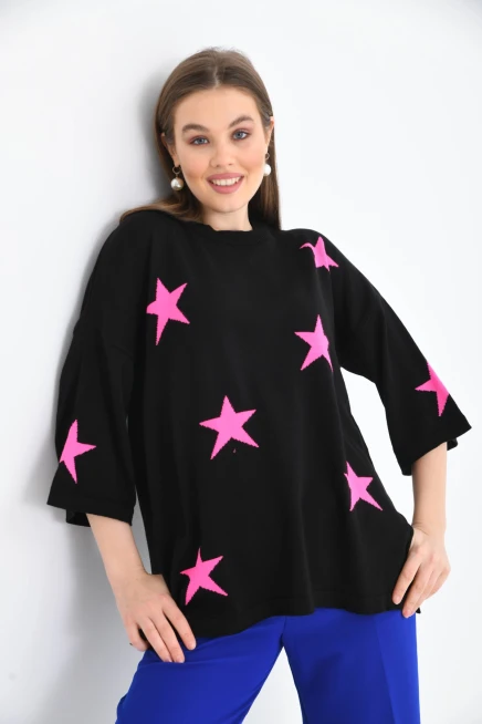 Kadın Bisiklet Yaka Desenli Oversize Yırtmaçlı Triko Kazak