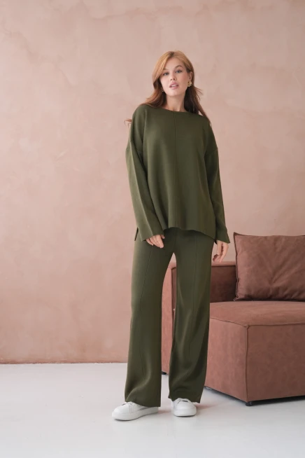 Kadın Bisiklet Yaka Düşük Kol Kazak Pantolon İkili Triko Takım