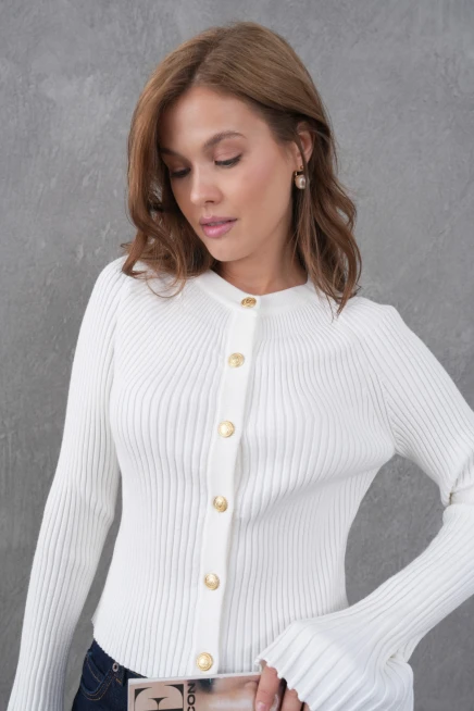 Kadın Bisiklet Yaka İspanyol Kol Düğme Kapama Kaşkorse Triko Ceket 12280.Lnz