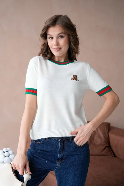 Kadın Bisiklet Yaka Kısa Kol Çizgili Triko Kazak 10229