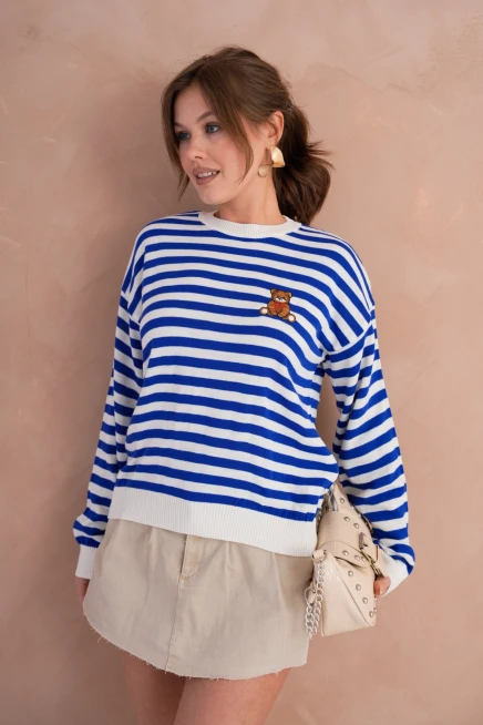 Kadın Bisiklet Yaka Nakış Detay Çizgili Triko Kazak