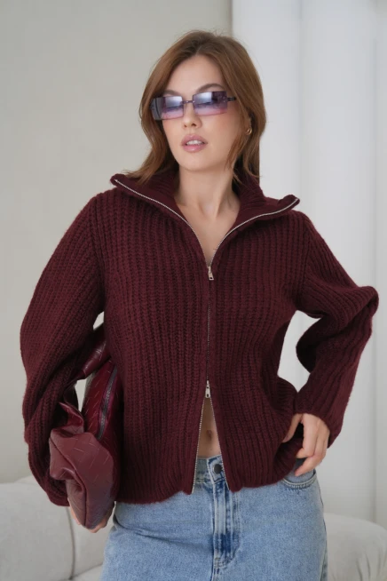 Kadın Devrik Yaka Fermuar Kapama Fitilli Triko Ceket