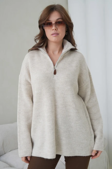 Kadın Dik Yaka Yarım Pat Fermuar Kapama Yumuşak Dokulu Oversize Triko Kazak 8702Sw