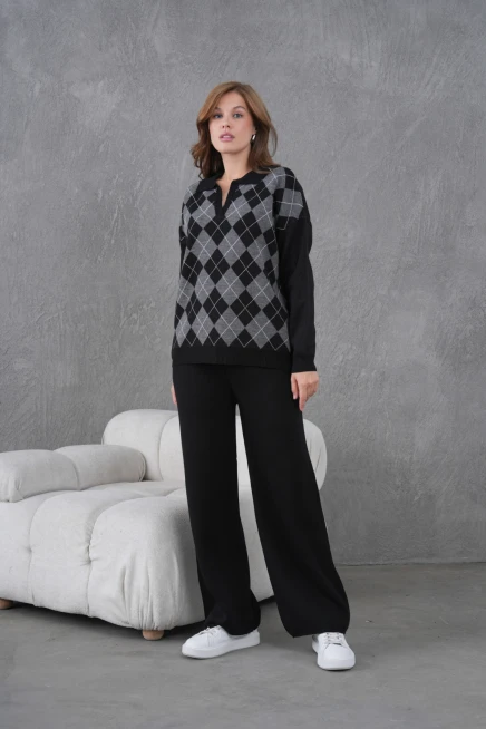 Kadın Polo Yak Abaklava Desen Kazak Pantolon İkili Takım