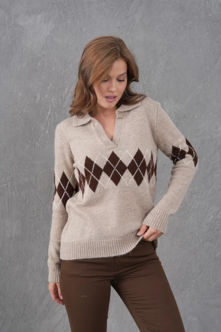 Kadın Polo Yaka Desenli Yarım Pat Triko Kazak 8597Sw