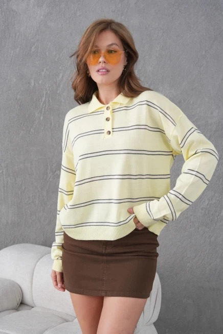 Kadın Polo Yaka Yarım Pat Düğme Kapama Çizgili Triko Kazak
