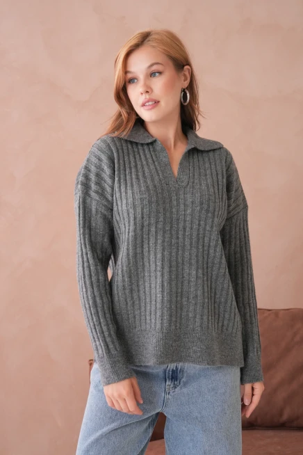 Kadın Polo Yaka Yarım Pat Kaşkorse Oversize Triko Kazak