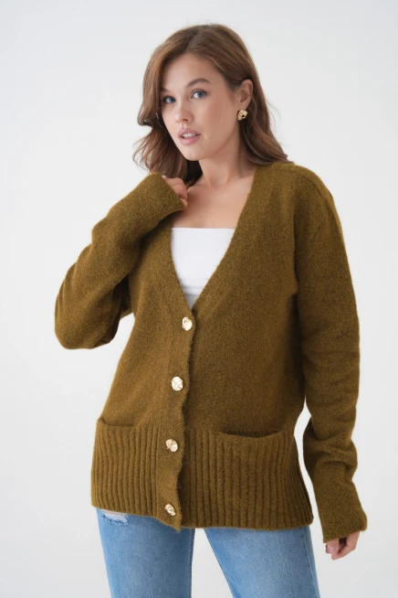 Kadın V Yaka Düğme Kapama Yün Karışımlı Şardonlu Oversize Triko Hırka 8641Sw