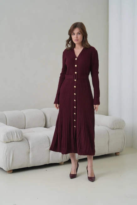 Kadın V Yaka Ful Düğme Kapama Kemer Detay Maksi Boy Fitilli Triko Elbise