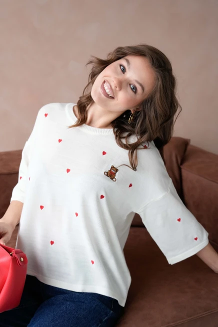 Kadın Bisiklet Yaka Nakış Detaylı Oversize Triko Kazak 10140