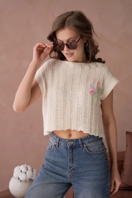 Kadın Kayık Yaka Ajurlu Crop Triko Bluz 8241Sw