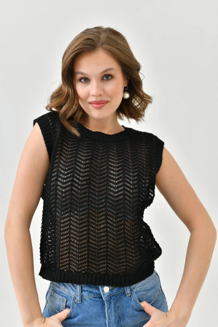 Kadın Bisiklet Yaka Ajurlu Crop Triko Bluz 8247Sw