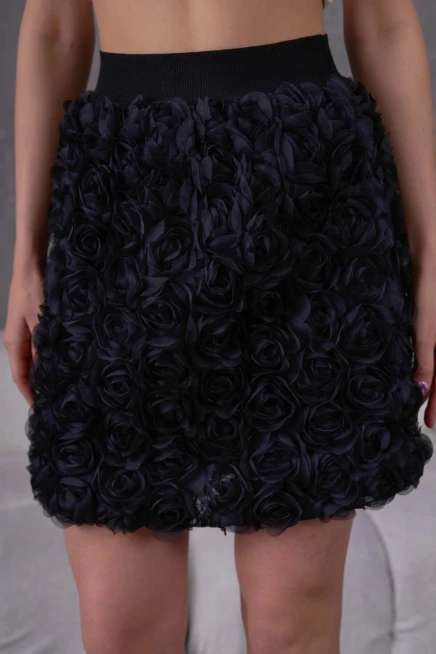 Gül Desenli Beli Lastikli Astarlı Tül Etek