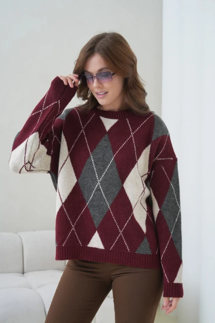 Kadın Bisiklet Yaka Baklava Desenli Triko Kazak 8704Sw