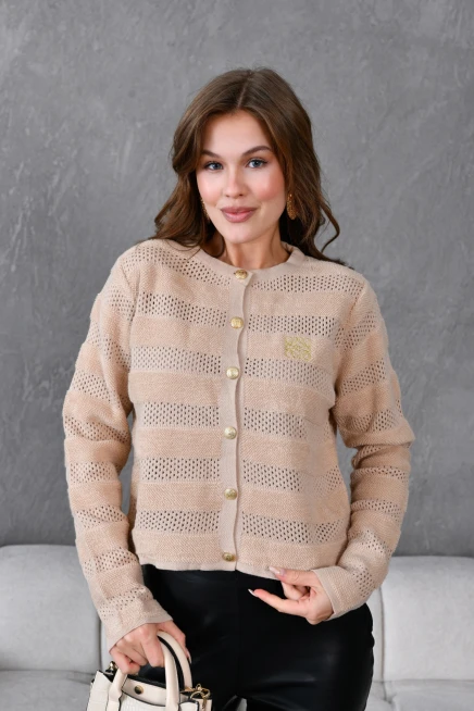 Kadın Bisiklet Yaka Düğme Detay Ajurlu Triko Ceket 10825