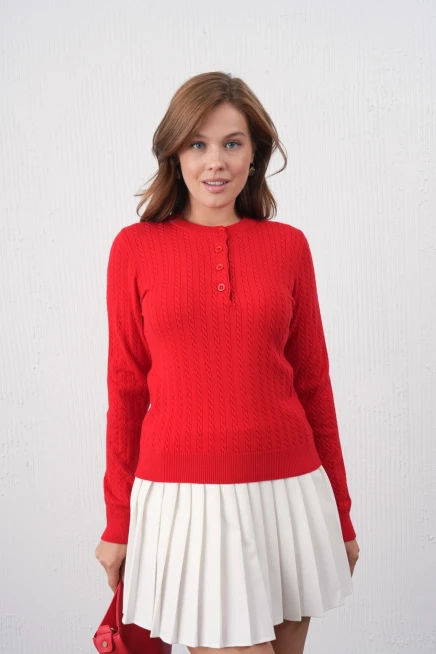 Kadın Bisiklet Yaka Düğme Detay Saç Örgü Premium İplik Triko Kazak 12318