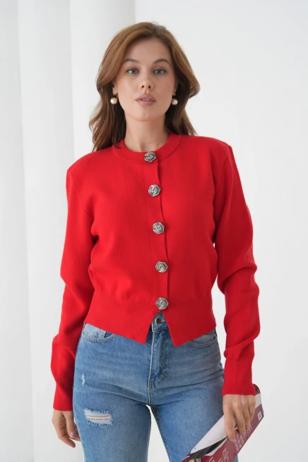 Kadın Bisiklet Yaka Düğme Detylı  Premium İplik Triko Ceket 12319.Crs