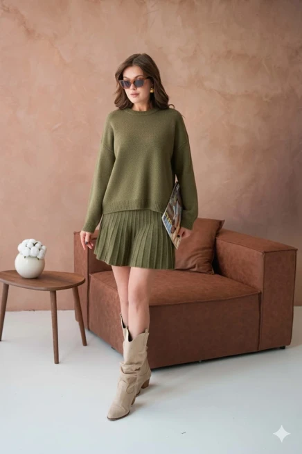 Kadın Bisiklet Yaka Etekli İkili Triko Takım