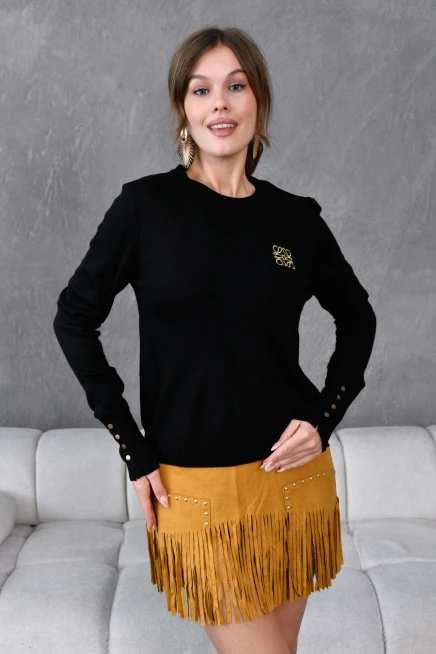 Kadın Bisiklet Yaka  Fitilli Süs Düğmeli Basic Triko  Kazak 224294