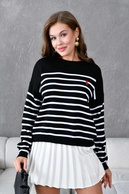 Kadın Bisiklet Yaka Nakış Detaylı Çizgili Triko Kazak 10272.Ctn