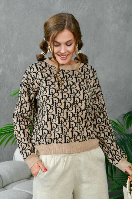 Kadın Bisiklet Yaka Yazı Detaylı Premium İplik Triko Kazak 10395.Crs