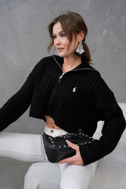 Kadın Devrik Yaka Ful Fermuar Kapama Fitilli Crop Triko Ceket 6021