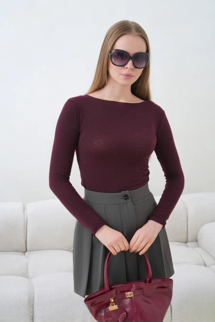 Kadın Geniş Yaka Uzun Kol Lycralı Penye Bluz 13000