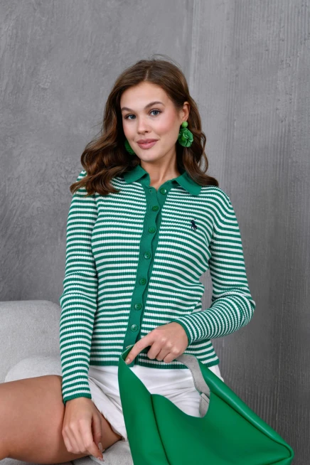 Kadın Polo Yaka Düğme Detaylı Çizgili Triko Ceket 10260