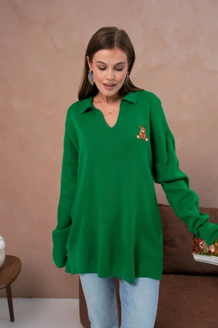 Kadın Polo Yaka Nakış Detay Yanları Yırtmaçlı Salaş Triko Kazak 224292