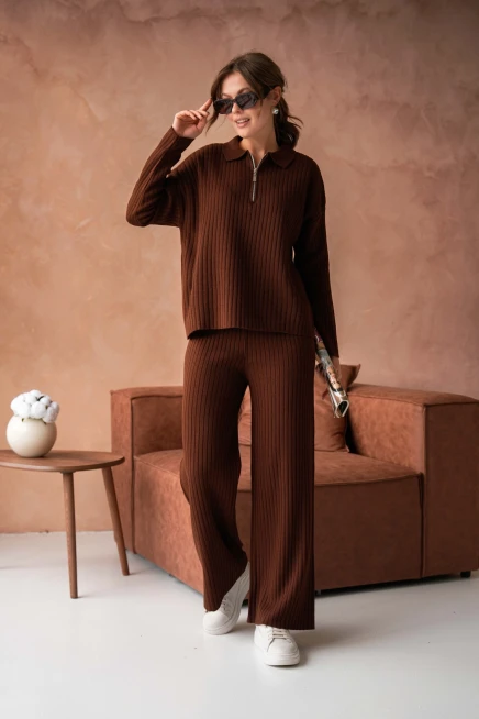 Kadın Polo Yaka Oversize Kazak Pantolon Triko Alt-Üst Takım