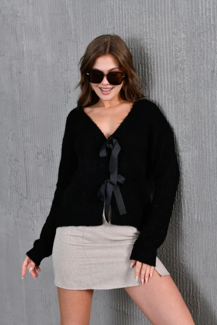 Kadın V Yaka Örgü Detay Fiyonklu Triko Ceket 217019Sw