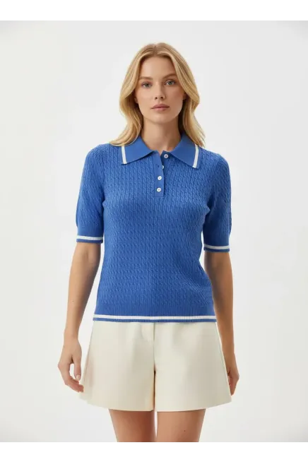 Kadın Polo Yaka Saç Örgü Desenli Triko Kazak 12175.Cpl