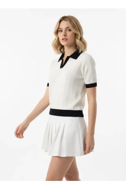 Kadın Polo Yaka Ajurlu Örgü Detay Triko Kazak 12430