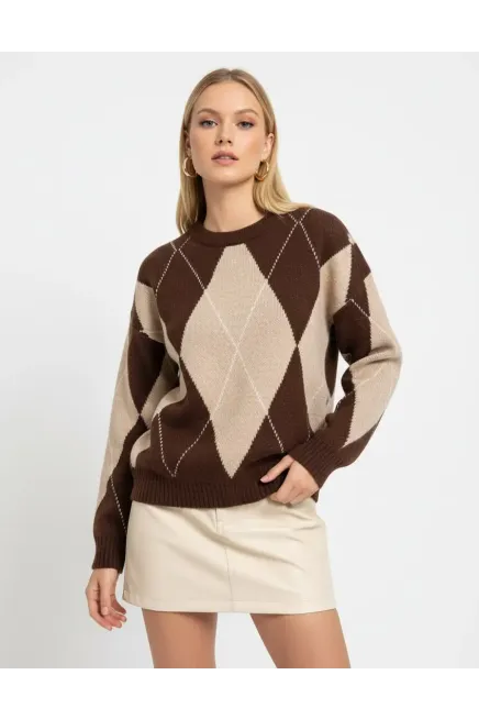 Kadın Bisiklet Yaka Baklava Desenli Triko Kazak 8490Sw