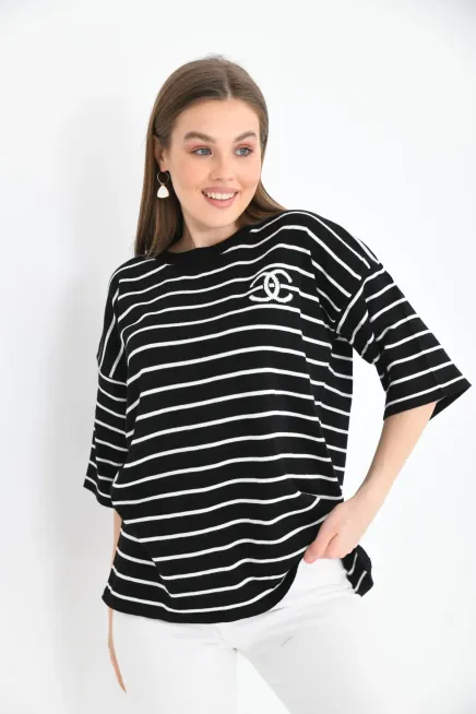 Kadın Bisiklet Yaka Çİzgili Salaş Triko Kazak 10133