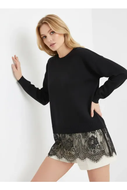 Kadın Bisiklet Yaka Eteği Dantelli Triko Kazak 12423