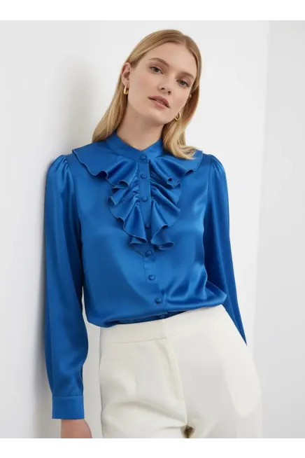 Kadın Hafif Dökümlü Volanlı Yaka Saten Gömlek 33033
