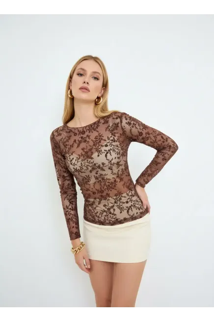 Kadın Kayık Yaka Flog Baskı Tül Bluz 13007