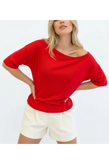 Kadın Kayık Yaka Salaş Viskon Triko Bluz 12425.Vrt