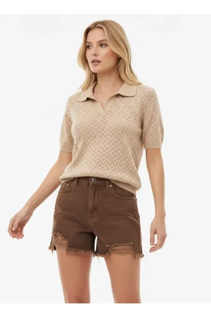 Kadın Polo Yaka Ajurlu Örgü Detay Triko Kazak 12145
