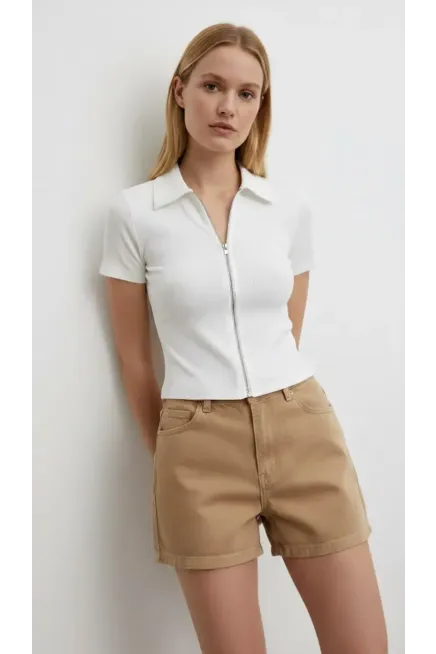 Kadın Polo Yaka Çift Fermuarlı Kaşkorse Body Bluz 13004