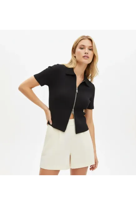 Kadın Polo Yaka Çift Fermuarlı Kaşkorse Body Bluz 13004